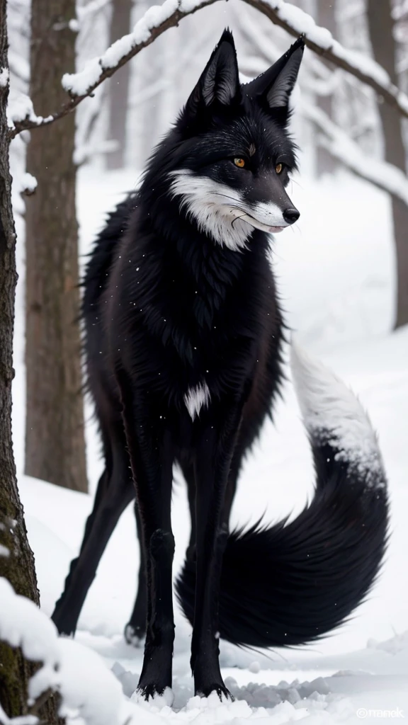 Black fox with white ear and white tail 