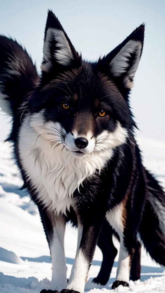 Black fox with white ear and white tail 