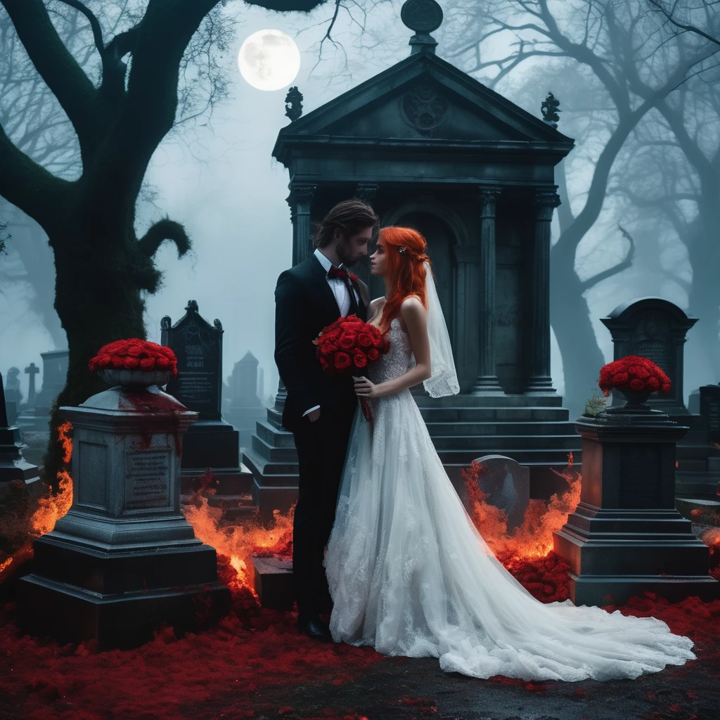 ((Primanter in maximum resolution of 16K, with the cartoon horror style inspired by Tim Burton, emphasizing a dynamic 3D perspective)). | A couple of zombie corpsed grooms are hugging in the middle of a gloomy and haunted cemetery, surrounded by a heart silhouette of translucent and transparent flames. The scene consists of clay, tombs, tombstones, a mausoleum with mosses, thorns, branches and roses, all with vivid and clean colors. The dramatic luminosity and high contrast create a chilling and engaging atmosphere. | The scenery includes details such as low fog, elongated shadows, twisted trees and crows perched on tombstones in the foreground, with a cloudy sky and a full moon in the background, bringing a sense of desolation and mystery. | Three-dimensional composition and in Dutch angle, adding a surreal touch to the scene. | The cinematographic lighting, with elements of brightness and soft lighting, highlights the details of the characters and the scenario. The effects of ray tracing and volumetric lighting accentuate depth and contrast, creating a sense of space and immersion. | The texture of the bride and groom's clothes, the decomposed skin and the empty eyes are portrayed with precision and intricate detail, while the silhouette of flames around them shines in a supernatural way. | The scene shows a moment of macabre love in a scary and beautiful environment, with the zombie bride and groom expressing a mixture of tenderness and despair. | The camera is positioned very close to them, revealing their entire bodies as they assume a dynamic-pose, interacting with and leaning against a structure in the scene in an exciting way. | (((They take a dynamic-pose as they interact, boldly leaning on a structure, leaning back in an exciting way))). | ((((full body image)))), ((perfect pose, perfect anatomy, perfect body)), ((better hands, perfect fingers, perfect legs, perfect hands)), ((perfect composition, perfect design, perfect layout, perfect detail))