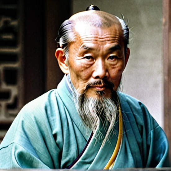 An ancient Chinese old thinker with thin cheeks, beard, beard, slanted eyes, light blue Chinese costume, facing forward
