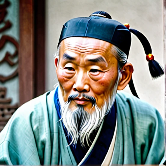 An ancient Chinese old thinker with thin cheeks, beard, beard, slanted eyes, light blue Chinese costume, facing forward