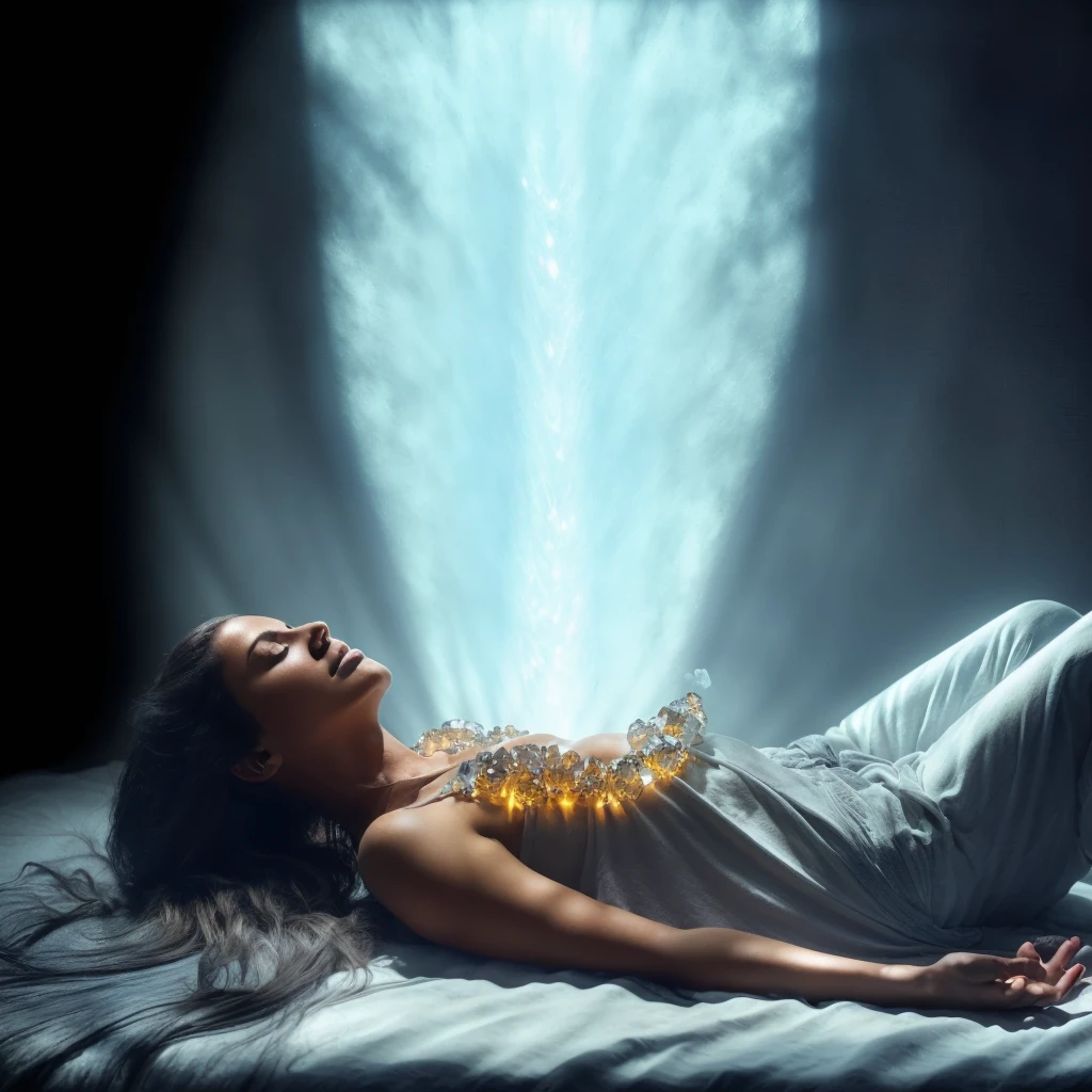 Very real image. A woman with black hair is lying down meditating, she is wearing a t-shirt and shorts, a powerful light blue light comes from her chest, at the edge of the opening there are very light amber crystals around the opening forming a circle, these crystals are very bright , they radiate a warm light. Photorealism, full view, highly detailed image, very realistic, hyperrealism, Ultra HD, 8k, 5, sharp focus, intricate and mysterious masterpiece. (Long exposure photography Very detailed close-up portrait artistic illustration: final quality, medium shot, backlight, Rich and striking. Enigmatic and mysterious manipulations (composition of the rule of thirds), ((detailed environment with strong lines) The best quality, in camera, white light, warm and clean aesthetics, dazzling screen composed of millions of brilliant ultraviolet rays, HDR.