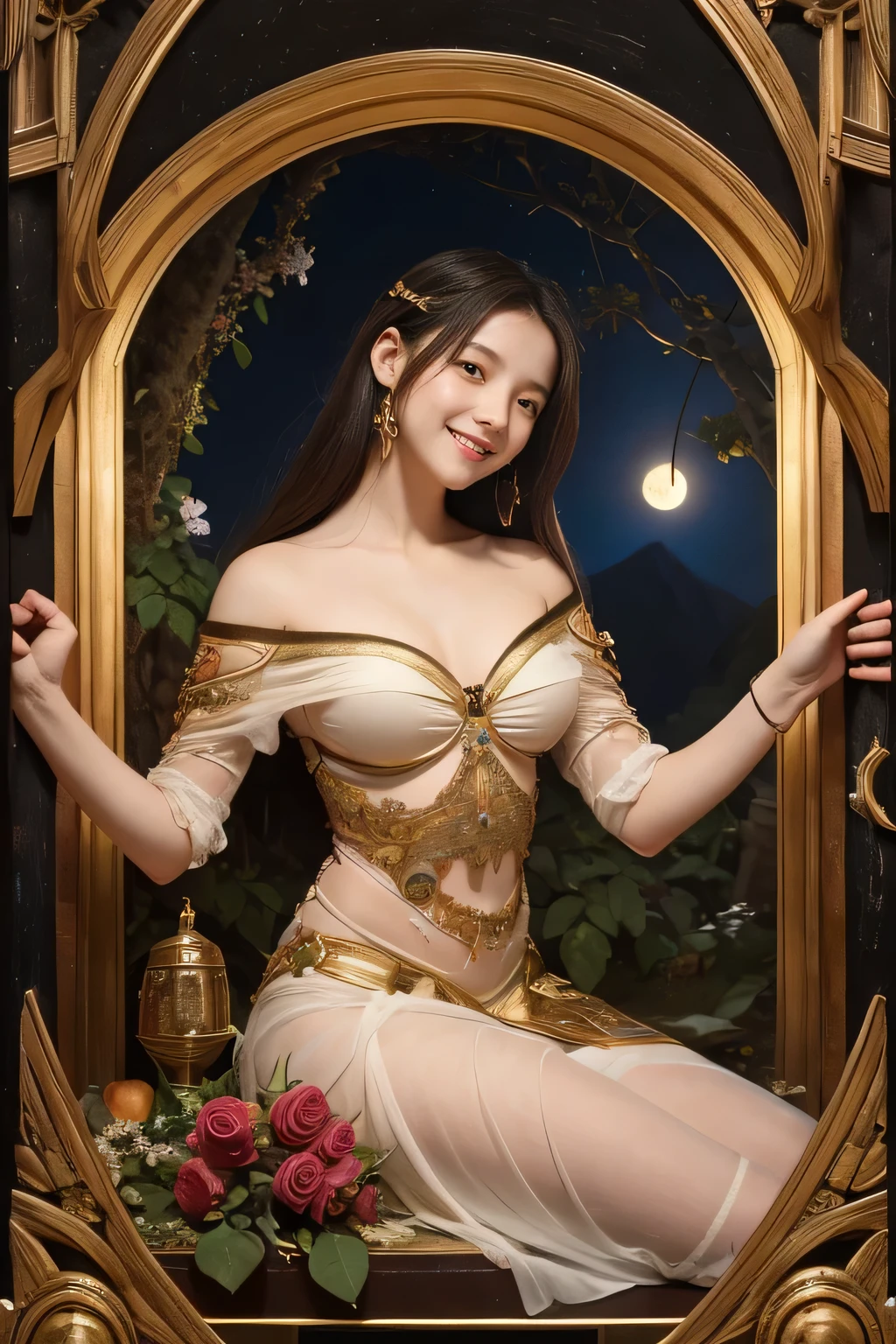 Giorgione painting style,Arguments of two female Philosophe,math、astronomical machine、astronaut、roses in vase、fruits、Cute trinkets、smile、ancient greek costume、Background is a forest lake at night 、Clothes that stretch your shoulders、A big smile、beautiful bare skin、A detailed representation of the seducing woman throughout her body.sexy,erotic smile