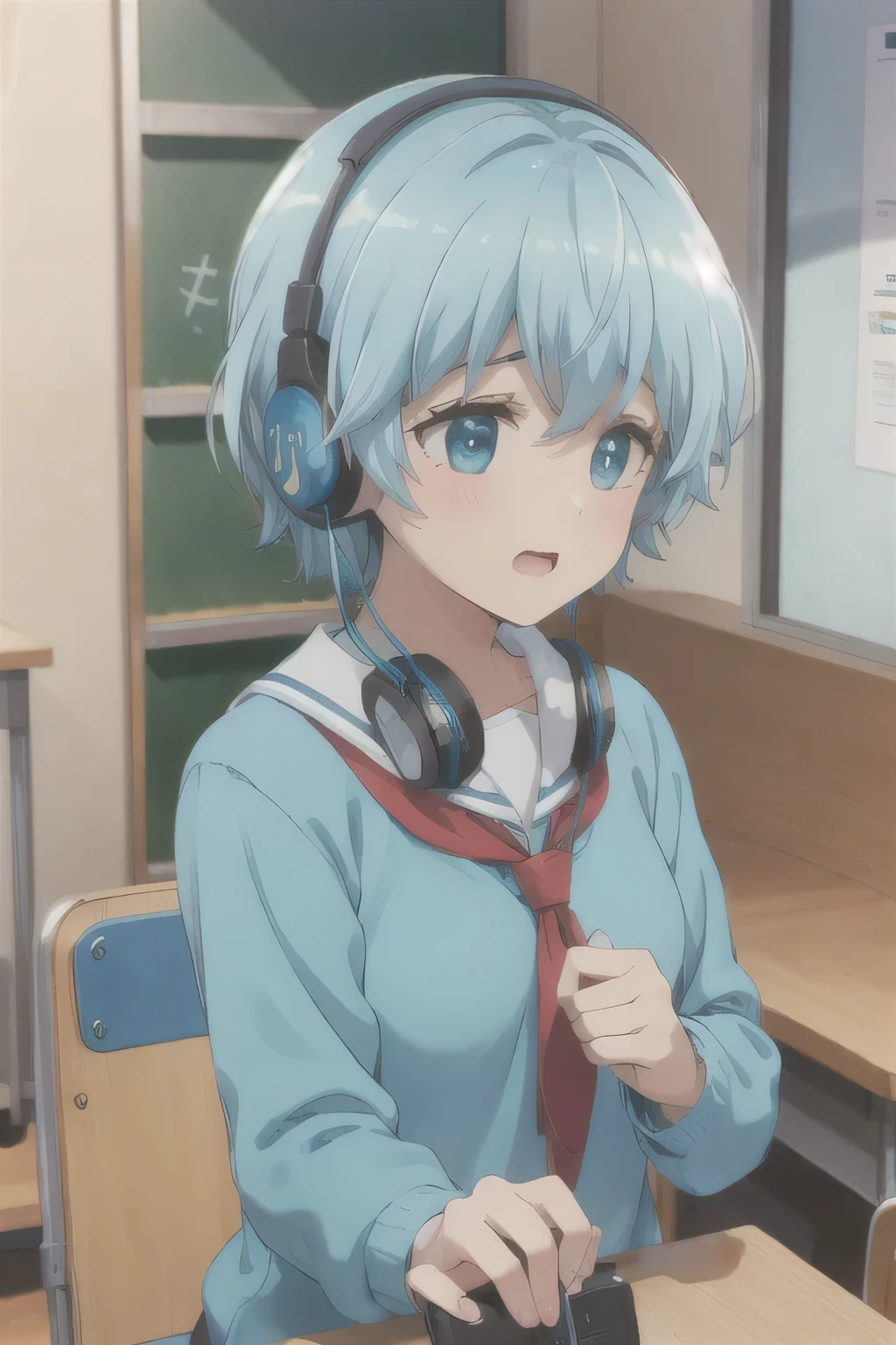 School_,earphone,Acting cute，front，Blue Hair