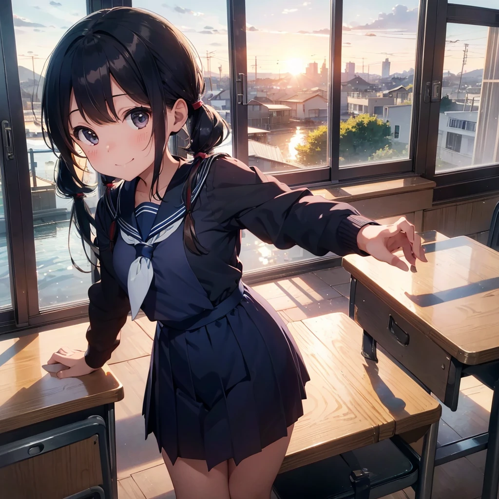 Highest quality, Very detailed, masterpiece, One Girl, classroomの椅子に座る, talk, Smile, 15yo, (low twintails:1.2), Low Pigtails, Black Hair, Long Hair, (Navy blue sailor suit:1.4), Blue ribbon, Long sleeve, School desk, School Chair, classroom, from the front, window, Schoolyard, distant cityscape, A town with hills, Sea in the back, sunset, anime, Focus on the face