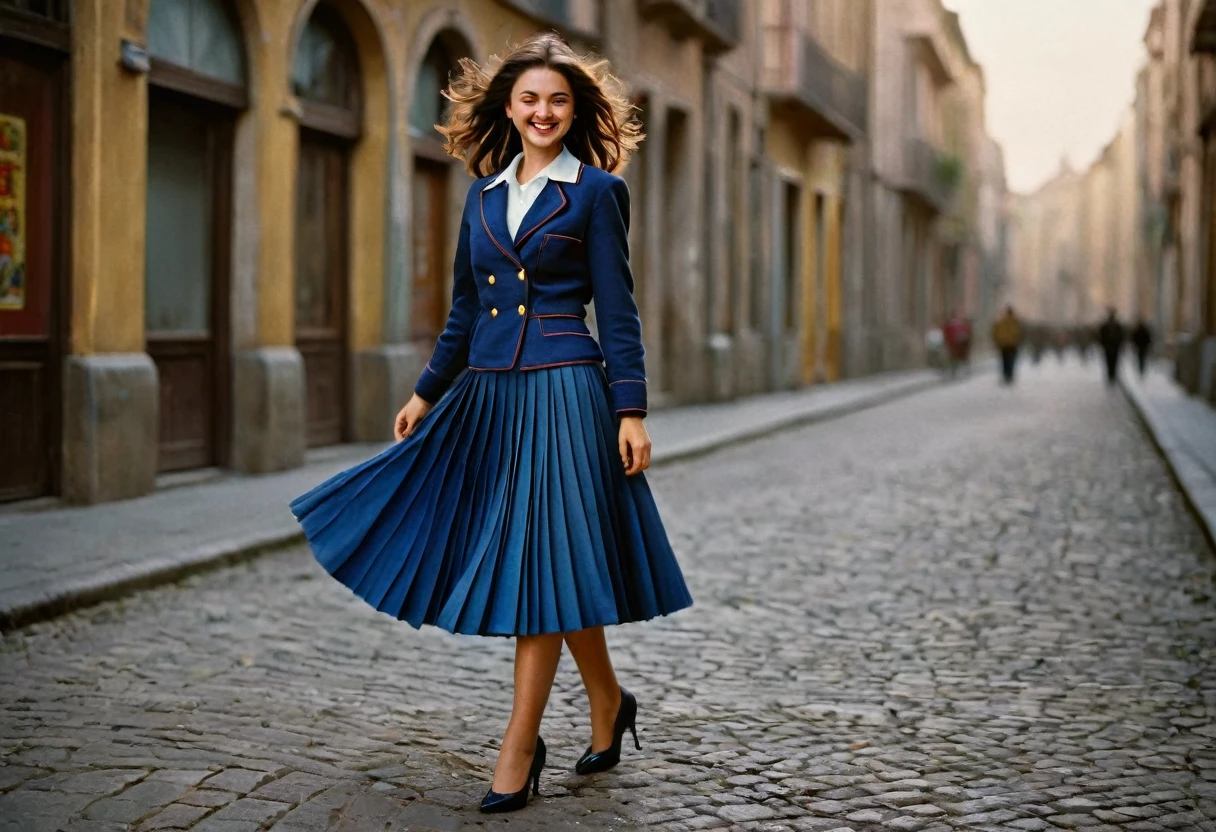 A smiling, authentic, (shy:1,3), kind, beautiful woman, is passionately in love with her skirt, wind wildly lifts her skirt, wearing uniform jacket and very, very detailed (long (fully pleated) full circle skirt) and (low heeled court shoes), very, very intricate hyper-detailed symmetric (attractive graceful young feminine face) with (sad, tired eyes and a loving smile), very voluptuous breasts, full of empathy and compassion and love, (pronounced (feminine) features), (highly detailed ultra accurate realistic) hands and fingers, (windy), epic composition, highly detailed attributes, (35mm f1.4 Kodak portra 400 photograph), extremely high quality RAW photograph, highly detailed atmosphere, sci-fi, cinematic shot, dynamic lighting, 75mm, Technicolor, Panavision, cinemascope, sharp focus, fine details, 8k, HDR, realism, realistic, key visual, film still, superb cinematic color grading, depth of field