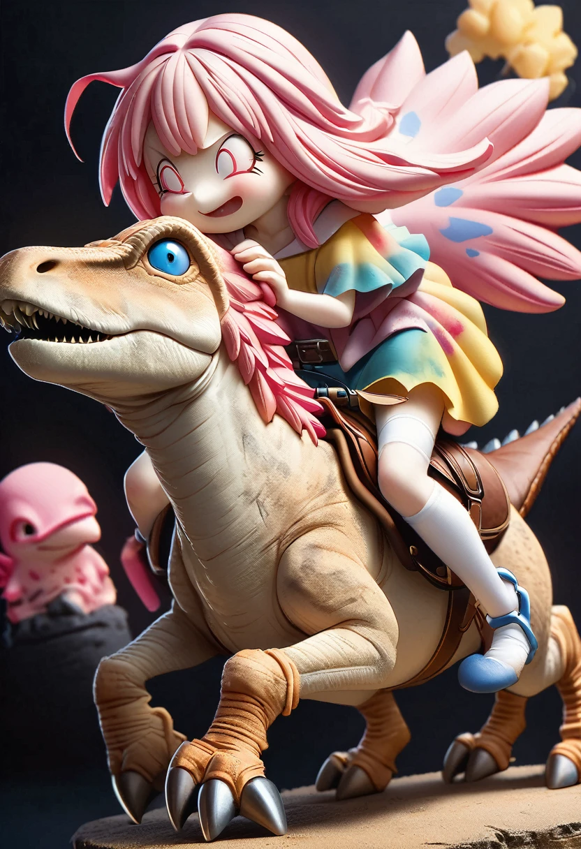 Highest quality、masterpiece、darkness、Black Background、Surreal Posters、dirty, mineral pigments, 3D clay sculpture art, clay、BREAK、(((Bipedal Dinosaurs、ピンクの毛が生えた恐竜にGirl riding:1.37、Fine saddle and stirrups、saddle and stirrup、Girl riding:1.37、Toriyama Ming style painting、Dragon Ball Style、Very realistic T.Rex、Pink glowing hair、Bright eyes、Light pink dinosaur)))、BREAK、Object of fear、Leaning forward、dirty, mineral pigments, 3D clay sculpture art, clay
