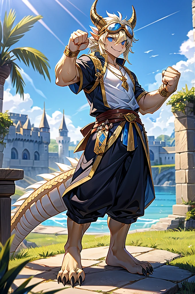 HD,noon,Blue sky,castle,grassland,Single player,Western dragon animal humanoid,hairy,Age 16,Cute face,Strong body,Male image,Full body standing,Short hair details,Western faucet,Golden dragon horn,Blonde Facial Hair,White jaw hair,Golden back fur,White belly hair,White mane extends from the top of the head to the tail,Thick and long dragon tail,White hair on the tip of the tail,Golden Arm,Golden paws,Left fist,Lightning is attached to the left fist,The right hand naturally droops,Limbs are dragon claws,4 Gold Fingers,4 golden toes,Pink pads on the palms and soles,,Lift one foot,Exposing the soles of the feet,Look to the left,A happy expression with the tongue sticking out slightly,Blue Eyes ,Pure and lovely eyes,Medieval style costumes,Black top,Black rubber shorts,Silver Sapphire Necklace,Wear goggles on your head,Standing。