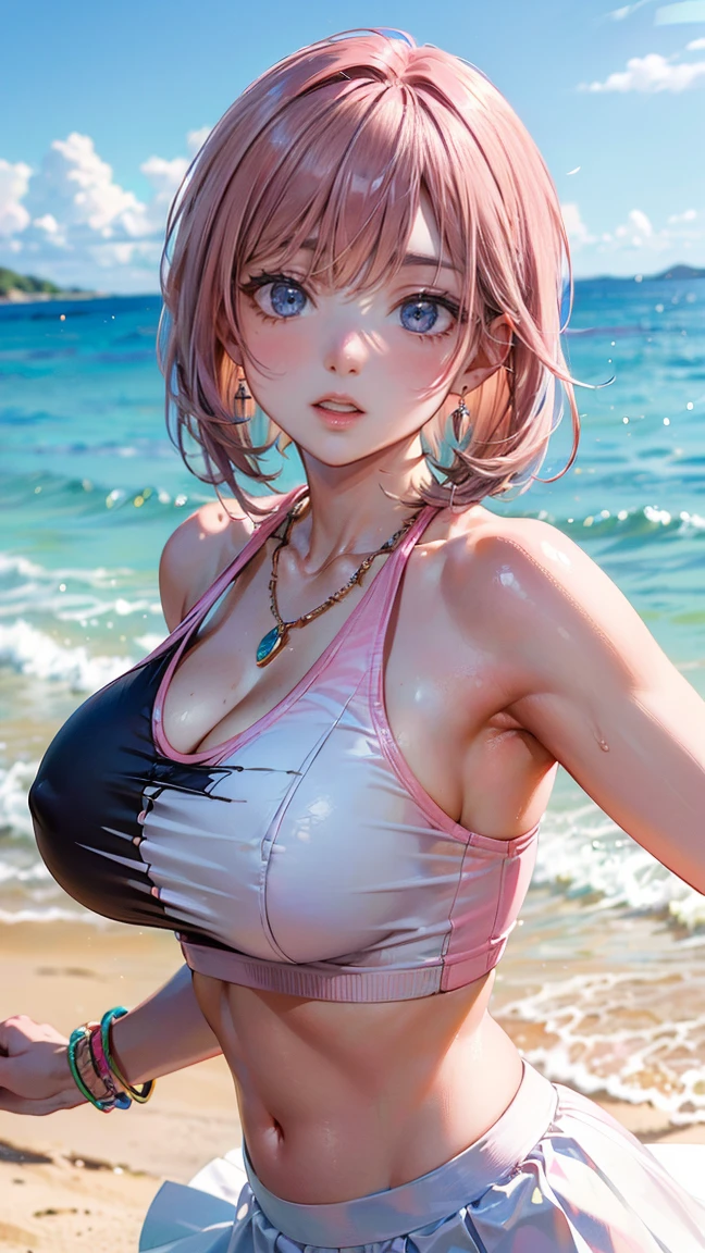 (Masterpiece, BestQuality:1.3), (ultra detailed:1.2), (hyperrealistic:1.3), (RAW photo:1.2), High detail RAW color photo, professional photograph, (Photorealistic:1.4), (realistic:1.4), (Pink Hair:1.5), professional lighting, perfect anatomy, (Big Breasts:1.2), (blush, detailed face), (cheerful Smile:1.5), Trending Hair&Trending Hairカラーをランダムに, earrings, necklace, bracelet, sexly, erotic sexly, Random sexy gravure poses, (A woman wearing a blue crop top and a white skirt、She is posing sexy on the beach and smiling happily for the camera.。Pink Hairのポニーテールが揺れている。:1.3)