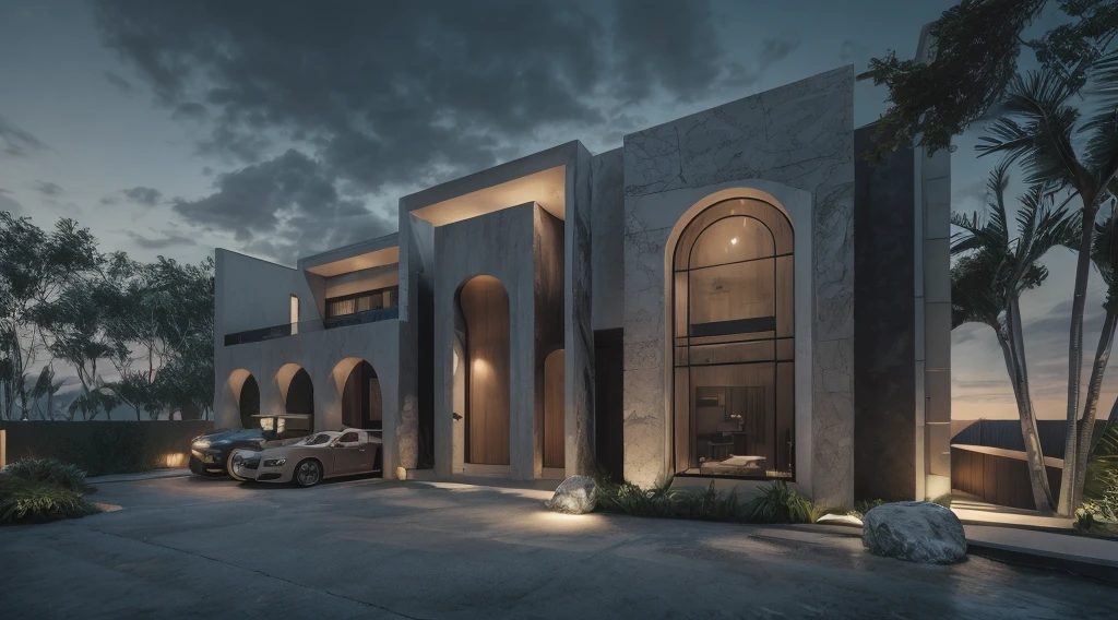 photorealistic,modern house,facade,modern,512k,high detailed,phot real, award winning, large glass window on the right side, wooden planks stacks on the upper floor on the left side, grass,plants,trees,evening,interior lights,((travertine stone architecture façade))((cars))(arches)(cinematic lighting)