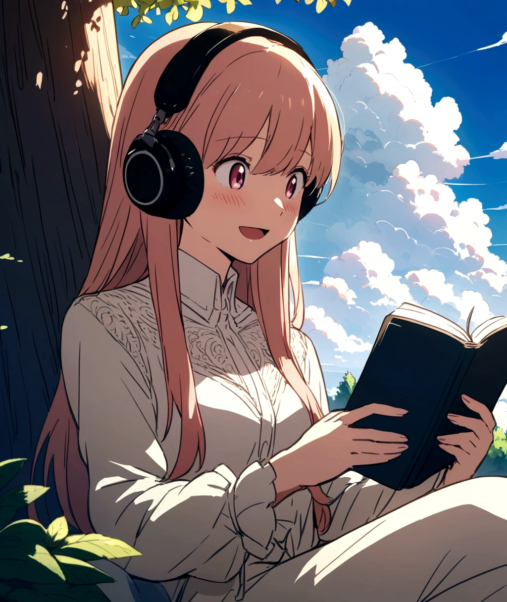 anime feelings,
view, sky, outdoor, no human, cloud, day,girl reading a book,under the tree,Put on the headphones.,