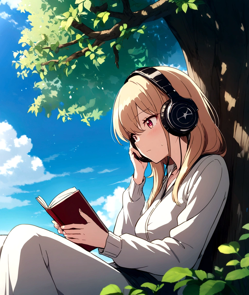 anime feelings, 
view, sky, outdoor, no human, cloud, day,girl reading a book,under the tree,Put on the headphones.,