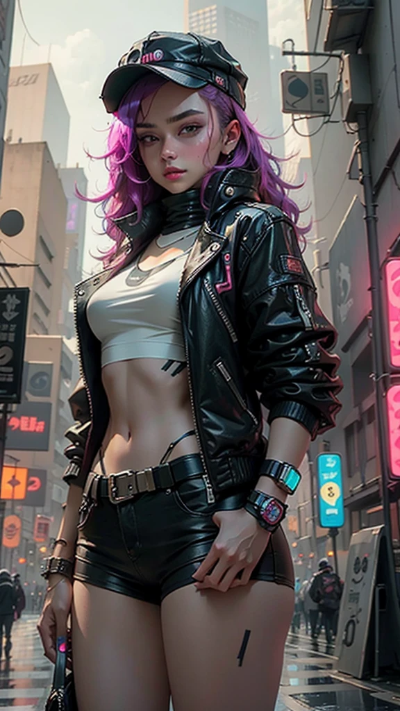 Beautiful woman medium hair, wearing cap, cyberpunk style short clothes