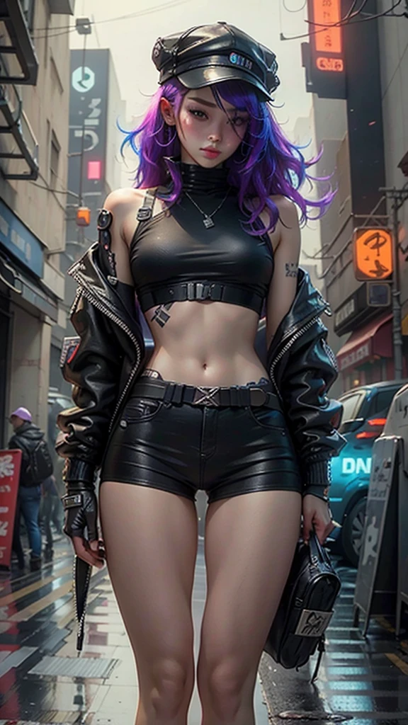 Beautiful woman medium hair, wearing cap, cyberpunk style short clothes