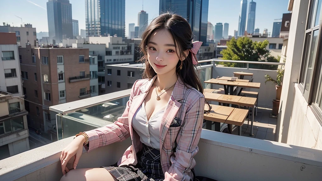 8K、RAW Photos、Highest quality、Super detailed、Super Resolution、Ultra HD、8K壁紙、Amazing details blazer uniform girl ((White blouse with formal collar, Pink Blazer, Black plaid skirt, Red checkered ribbon on blouse)), Complete limbs, Full Finger,
((((Skyscraper rooftop cafe))))、((16 year old female student))、(((Eat cake、Drink coffee、smile)))、Heart Necklace、Gold bracelet
((Emphasize cleavage))
((((Woman sitting at the window seat))))