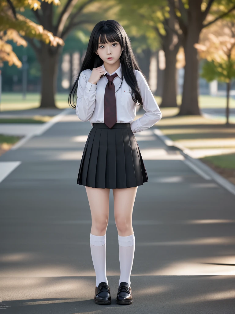 Full body photo,8K,Highest quality, High resolution, masterpiece,One girl, Long black hair,Schoolgirl Uniform, shy, blush, (masterpiece, Highest quality), Soft Light, Structure of the film, Cinematic Light