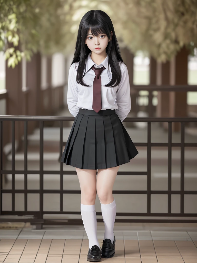 Full body photo,8K,Highest quality, High resolution, masterpiece,One girl, Long black hair,Schoolgirl Uniform, shy, blush, (masterpiece, Highest quality), Soft Light, Structure of the film, Cinematic Light