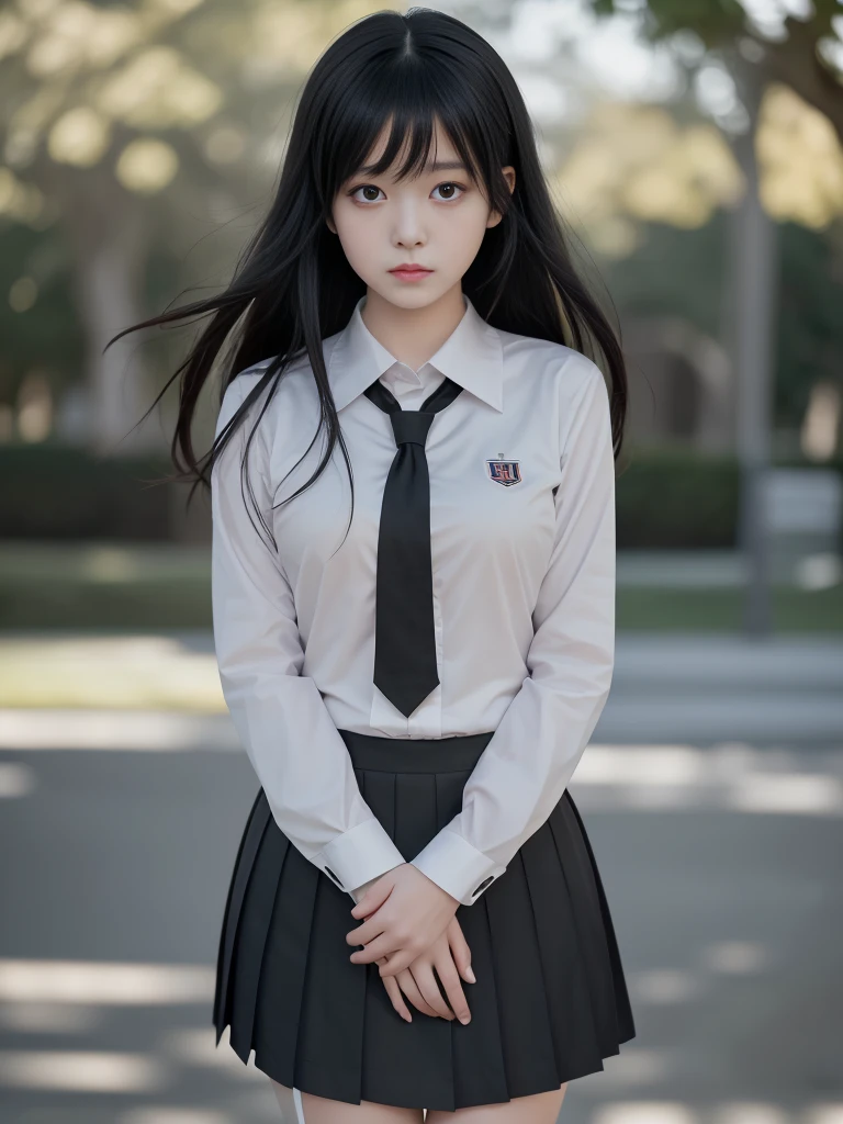 Full body photo,8K,Highest quality, High resolution, masterpiece,One girl, Long black hair,Schoolgirl Uniform, shy, blush, (masterpiece, Highest quality), Soft Light, Structure of the film, Cinematic Light