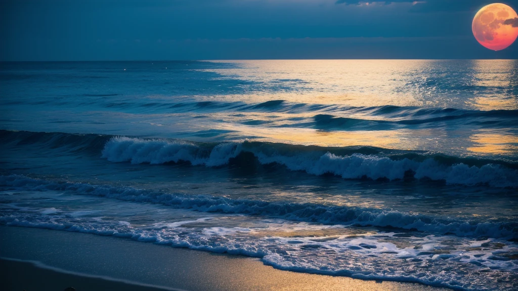 Rough beach with full moon and water body々Beautiful view, Blue Moonlight, blueish moonlight, soft Blue Moonlight, Blue Moon Light, rays of Blue Moonlight, blue night, Moonlight at night, Moonlit night sky, Dreamy atmosphere of a moonlit night, Beautiful moonlight, Moonlit Sky, deep blue night sky, moonlit ocean, Beautiful moonlight, slightly dark eyes