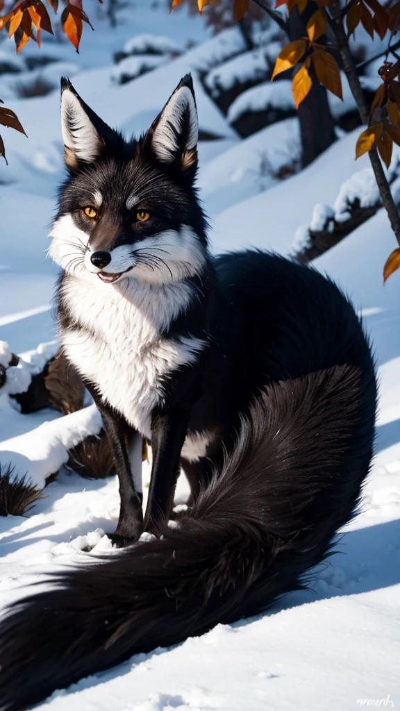 Black fox with white ear and white tail