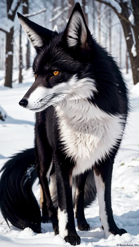 Black fox with white ear and white tail