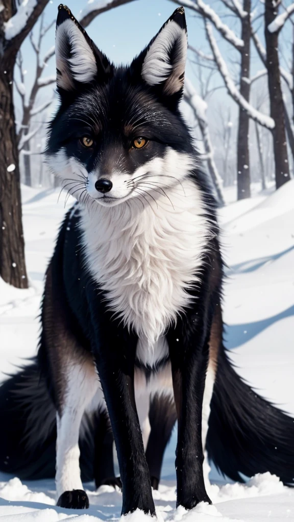 Black fox with white ear and white tail 