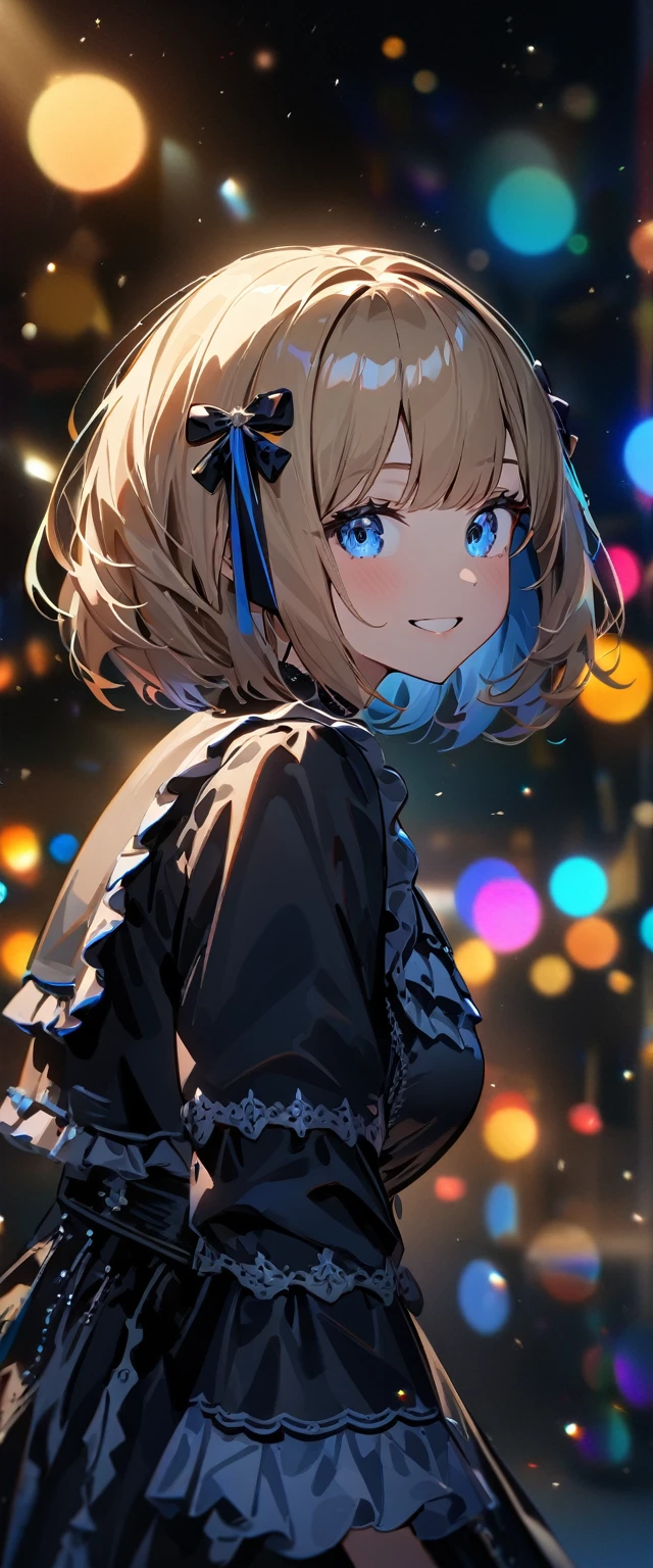 (((One girl))), Shibuya, blond hair, bob cut, (looking at viewer), upper body, breasts, teenager, head tilt:1.3, (((blue eye))), constricted pupils, (from side:1.3), ((happy smile)), (((gothic lolita:1.3))), hair ornament, hair ribbon, anime style, (best quality, 4k, 8k, highres, masterpiece:1.2, ultra-detailed, ultra-detailed eyes, HDR, UHD, studio lighting, ultra-fine painting, sharp focus, physically-based rendering, extreme detail description, professional, vivid colors, bokeh)