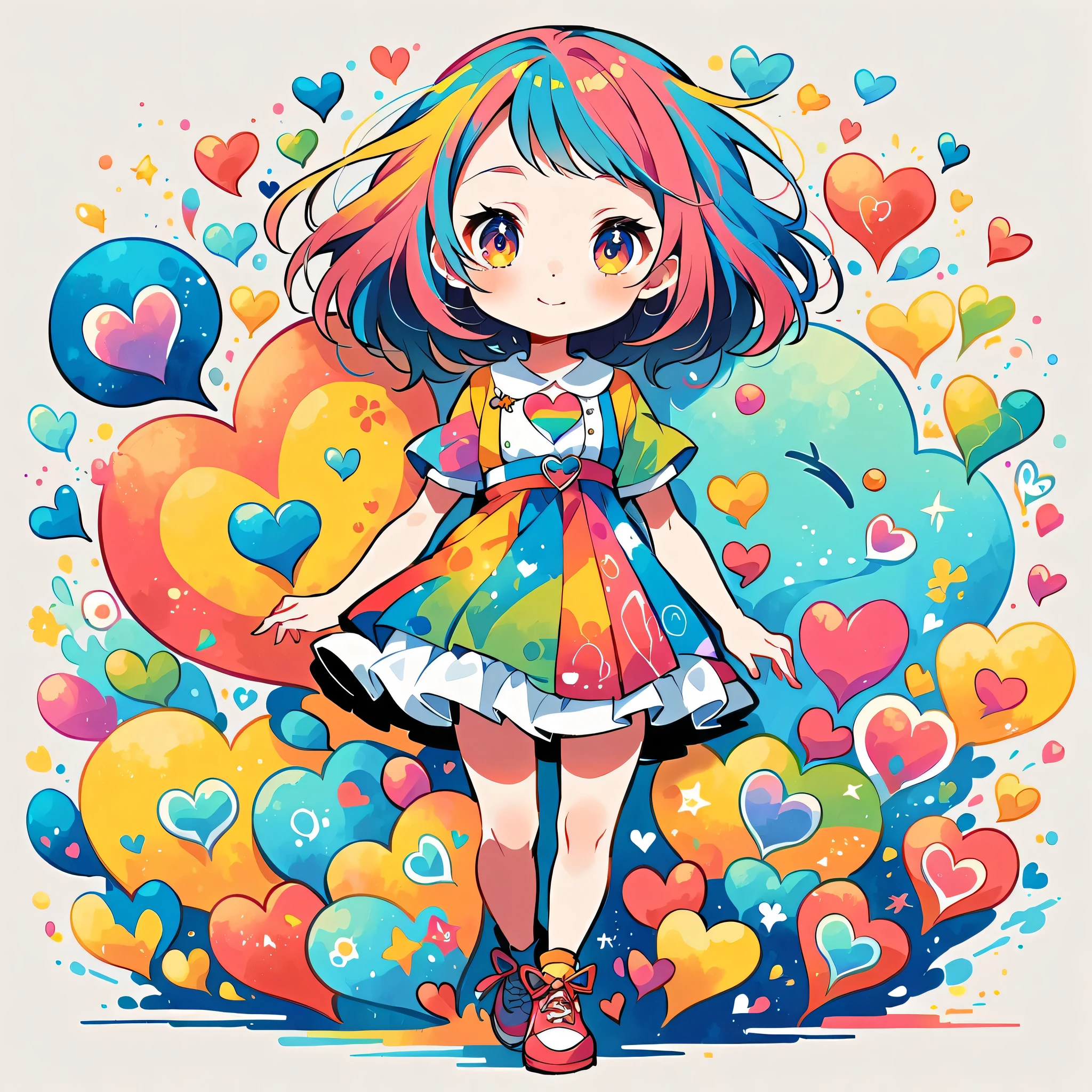 Mika Pikazo style, Simple Line Initialism，Abstract art，Urban Background, colorful hearts ,colorful hearts, (((The most beautiful girl of all time))), walking, Cute and colorful amoeba