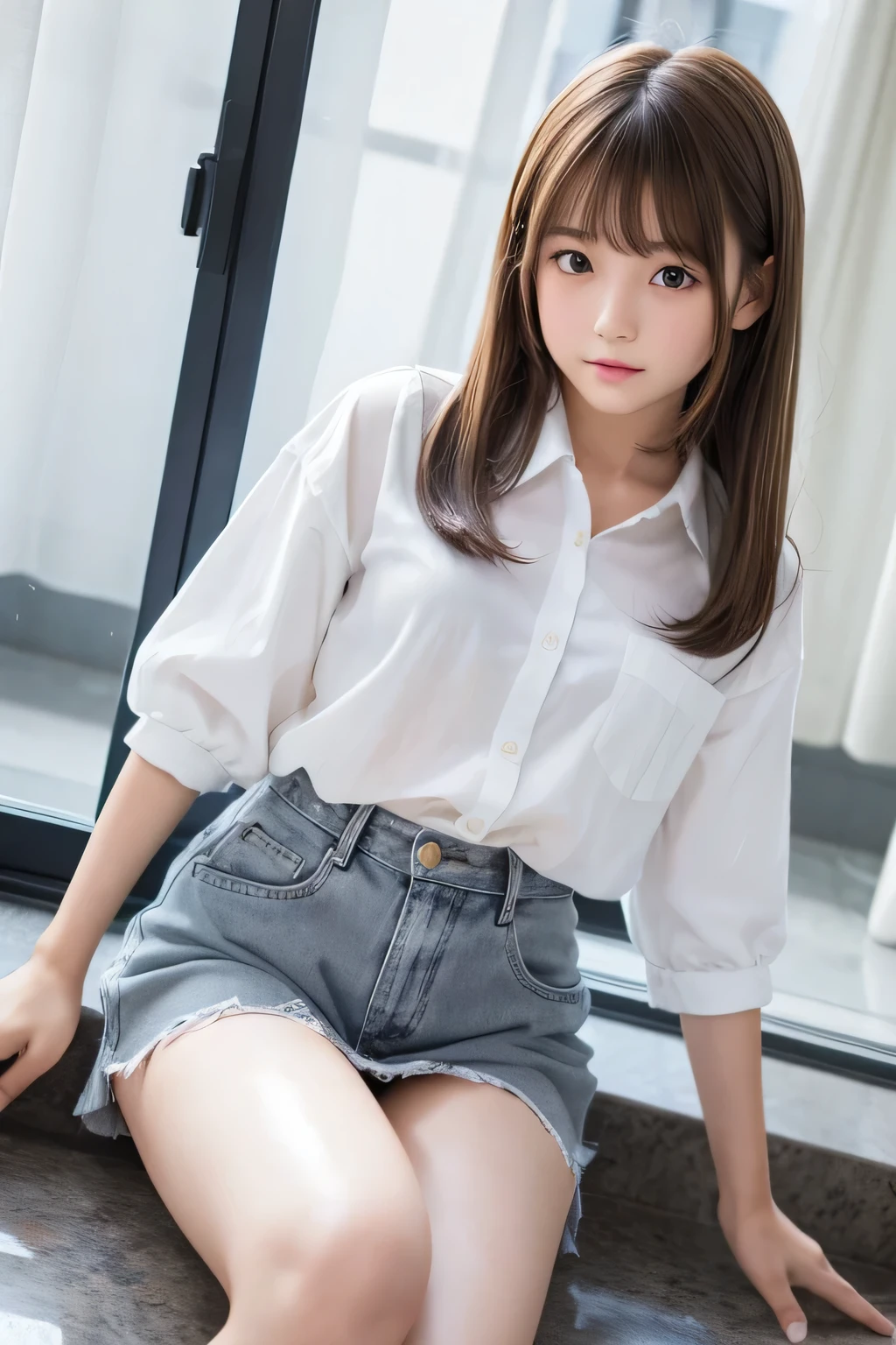 Top quality, 1 beautiful Japanese girl, 13Age, BobHair,brown hair, White Camisole in,idol,Gray Eyes,Cute,Legs