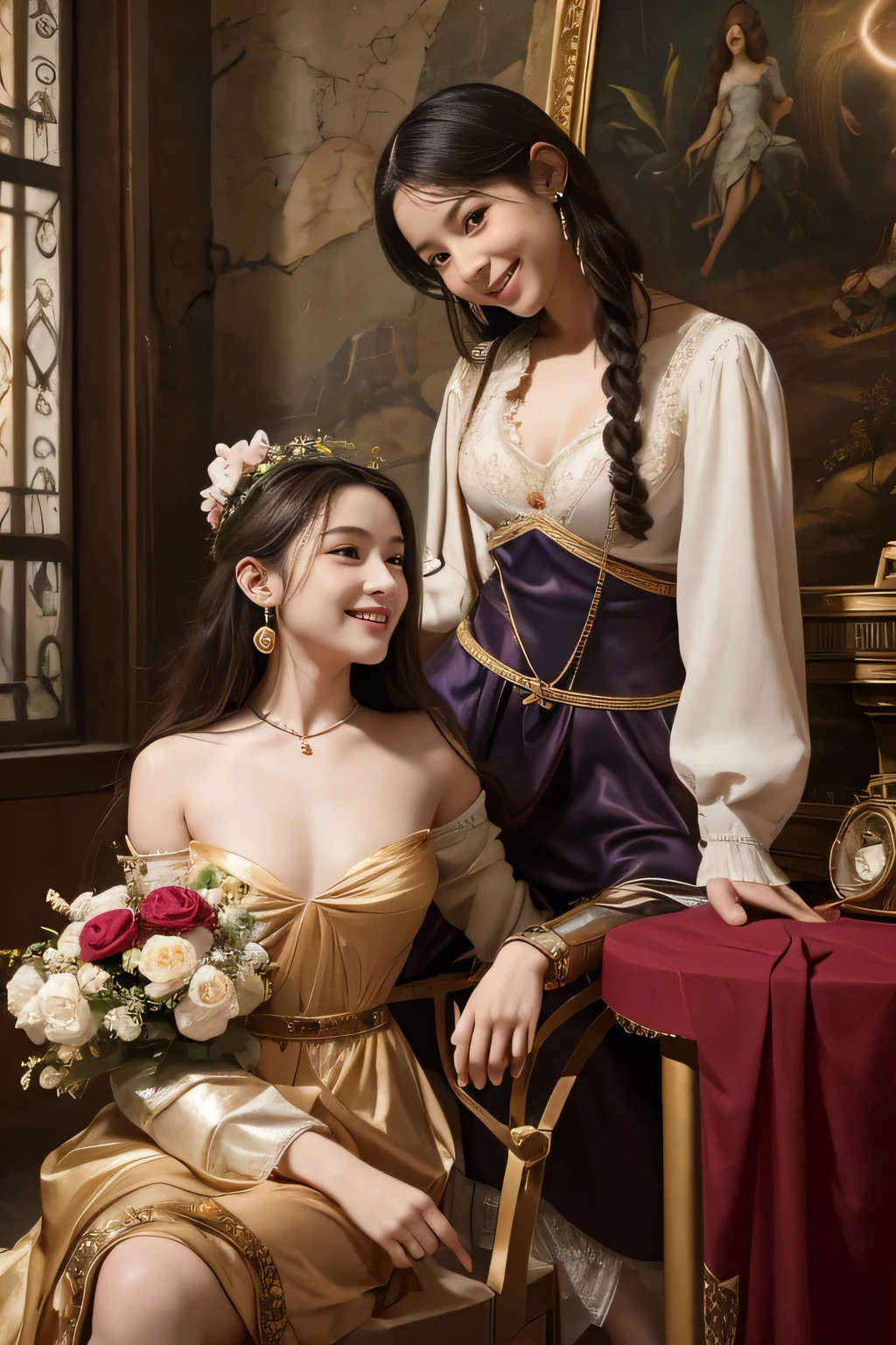 Giorgione painting style,Arguments of two female Philosophe,math、astronomical machine、astronaut、roses in vase、fruits、Cute trinkets、smile、ancient greek costume、Background is a forest lake at night 、Clothes that stretch your shoulders、A big smile、beautiful bare skin、A detailed representation of the seducing woman throughout her body.sexy,erotic smile