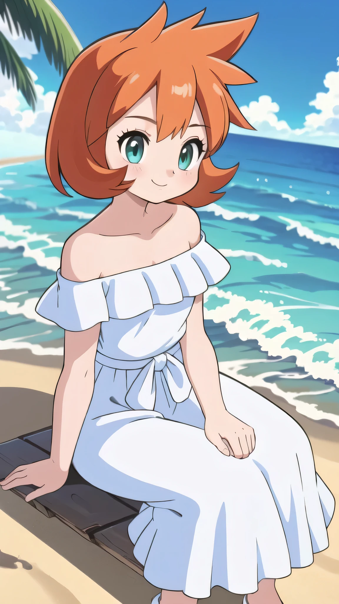 (retro anime girl:1.2), (white dress:1.1), (masterpiece:1.2), (best quality), (ultra detailed), (8k,4k), (half body:1.2), (cowboy:1.2), (highly detailed:1.2), (Ruffle Off-the-shoulder top:1.4), (Maxi skirt:1.4), mistymature, 1 girl, solo, Best quality, masterpiece, High Definition, Teenager, Green Eyes, Beautiful Detail Eyes, Orange Hair, Good hands at sides, Smile, Blushing, Bare Neck, Bare Arms, Bare Shoulders, short sleeve, Strapless, White Ruffle Off-the-Shoulder Top, White Off-the-shoulder Dress, White maxi dress, sitting down on the beach, Background, blue skies,
