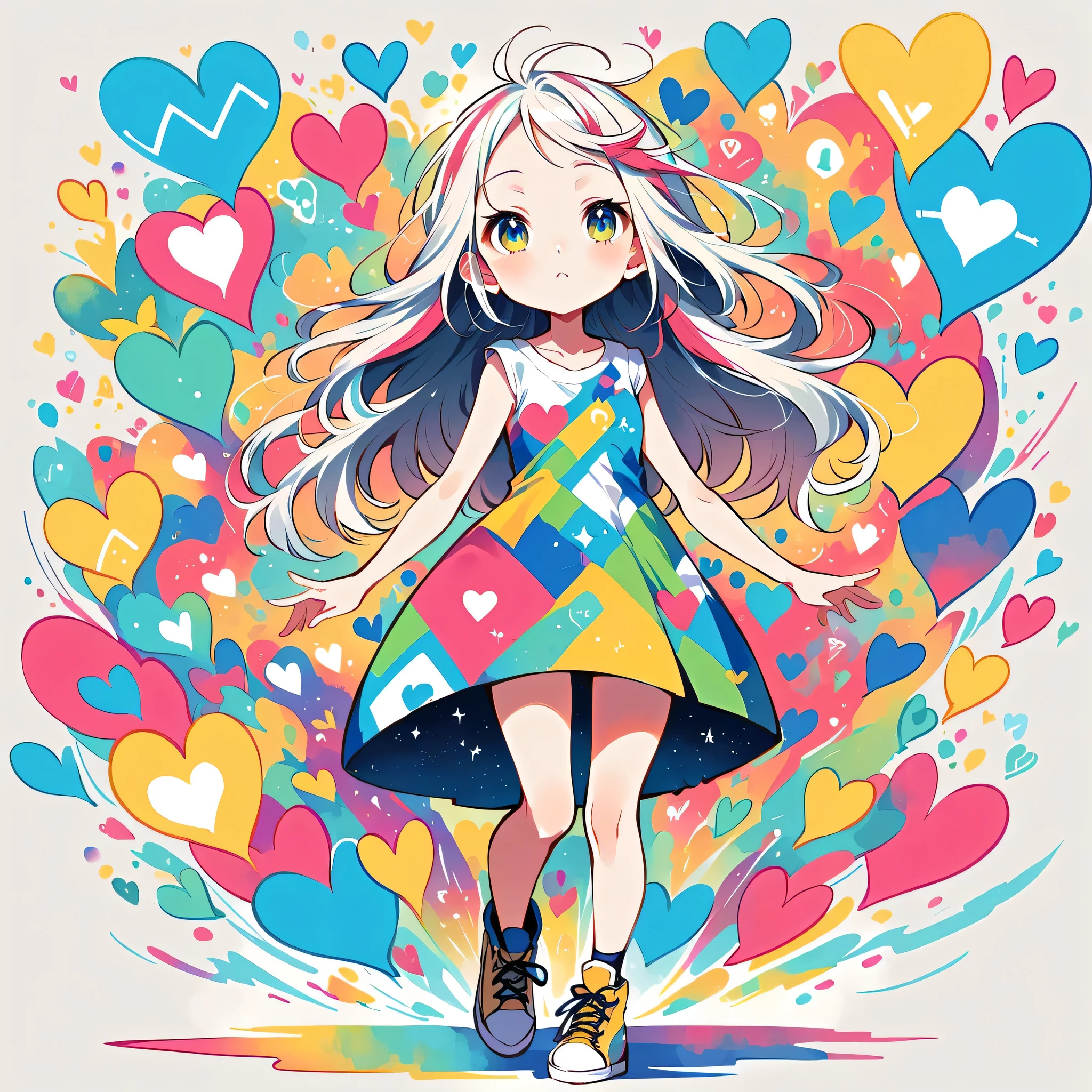 Mika Pikazo style, Simple Line Initialism,Abstract art,Urban Background, colorful hearts ,colorful hearts, (((The most beautiful girl of all time))), walking, Cute and colorful amoeba