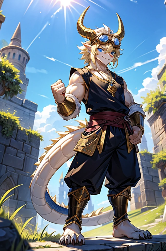 HD,noon,Blue sky,castle,grassland,Single player,Western dragon animal humanoid,hairy,Age 16,Cute face,Strong body,Male image,Full body standing,Short hair details,Western faucet,Golden dragon horn,Blonde Facial Hair,White jaw hair,Golden back fur,White belly hair,White mane extends from the top of the head to the tail,Thick and long dragon tail,White hair on the tip of the tail,Golden Arm,Golden paws,Left fist,Lightning is attached to the left fist,The right hand naturally droops,Limbs are dragon claws,4 Gold Fingers,4 golden toes,Pink pads on the palms and soles,,Lift one foot,Exposing the soles of the feet,Look to the left,A happy expression with the tongue sticking out slightly,Blue Eyes ,Pure and lovely eyes,Medieval style costumes,Black top,Black rubber shorts,Silver Sapphire Necklace,Wear goggles on your head,Standing。