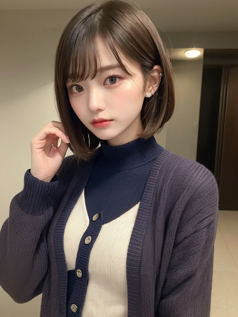 (masterpiece:1.3), (8K, Photorealistic, Raw photo, Best image quality: 1.4), 20-year-old girl、(Random Hairstyles:1.2)、Super detailed face、Attention to detail、double eyelid、Sharp focus:1.2、Beautiful woman:1.4、Light brown hair、Highest quality、masterpiece、Ultra-high resolution、(Photorealistic:1.4)、Highly detailed and professional lighting、Wear a blouse and a navy knit cardigan、thin、Serious expression、Short-haired、Clear Skin、Random pose、Shiny Hair、Sculpture model pose、
