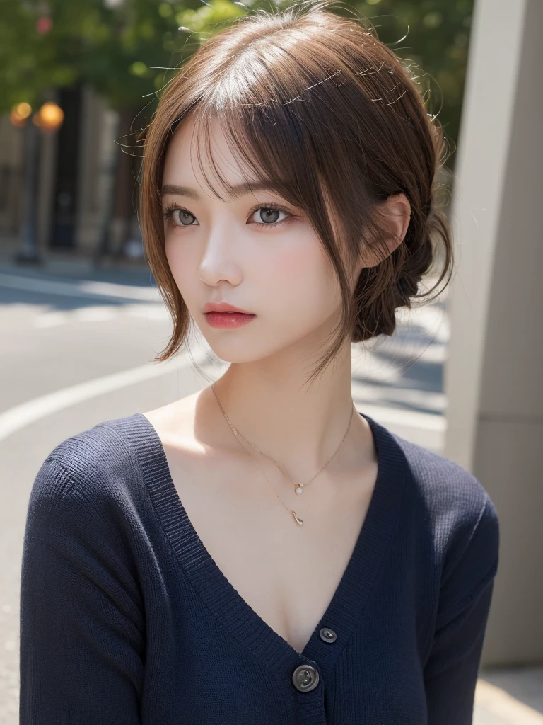 (masterpiece:1.3), (8K, Photorealistic, Raw photo, Best image quality: 1.4), 20-year-old girl、(Random Hairstyles:1.2)、Super detailed face、Attention to detail、double eyelid、Sharp focus:1.2、Beautiful woman:1.4、Light brown hair、Highest quality、masterpiece、Ultra-high resolution、(Photorealistic:1.4)、Highly detailed and professional lighting、Wear a blouse and a navy knit cardigan、thin、Serious expression、Short-haired、Clear Skin、Random pose、Shiny Hair、Sculpture model pose、