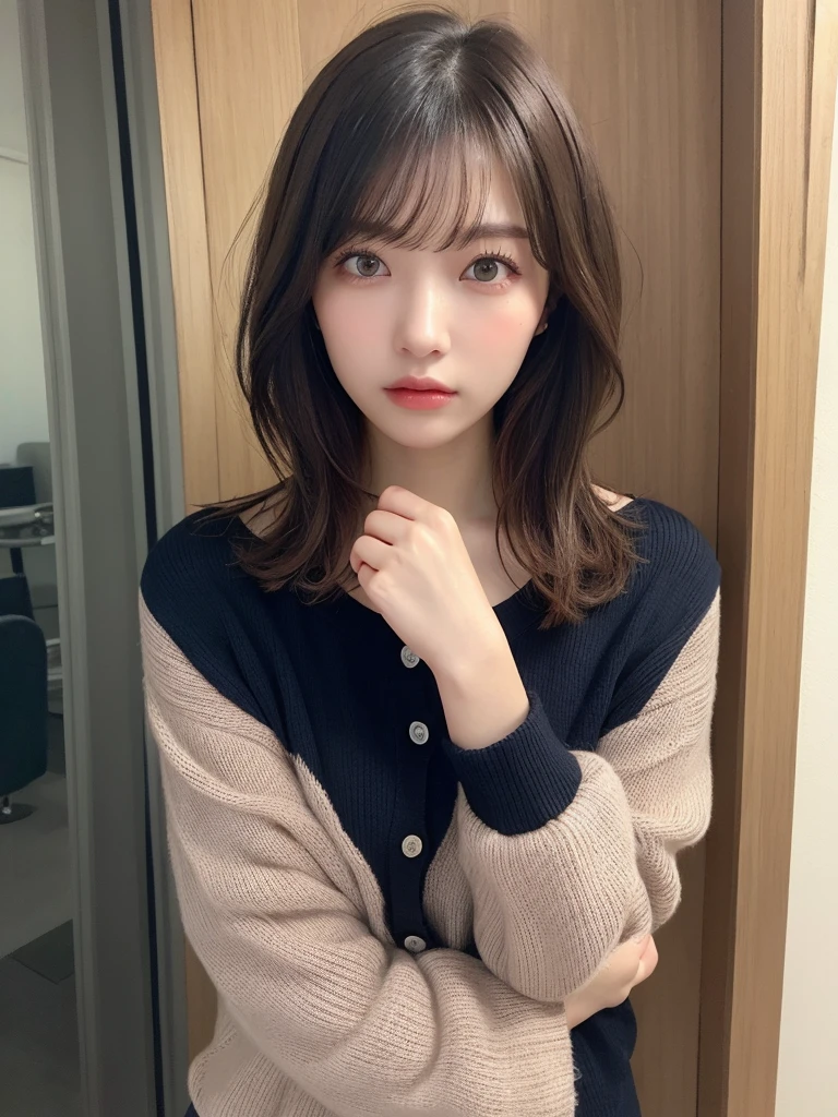 (masterpiece:1.3), (8K, Photorealistic, Raw photo, Best image quality: 1.4), 20-year-old girl、(Random Hairstyles:1.2)、Super detailed face、Attention to detail、double eyelid、Sharp focus:1.2、Beautiful woman:1.4、Light brown hair、Highest quality、masterpiece、Ultra-high resolution、(Photorealistic:1.4)、Highly detailed and professional lighting、Wear a blouse and a navy knit cardigan、thin、Serious expression、Short-haired、Clear Skin、Random pose、Shiny Hair、Sculpture model pose、