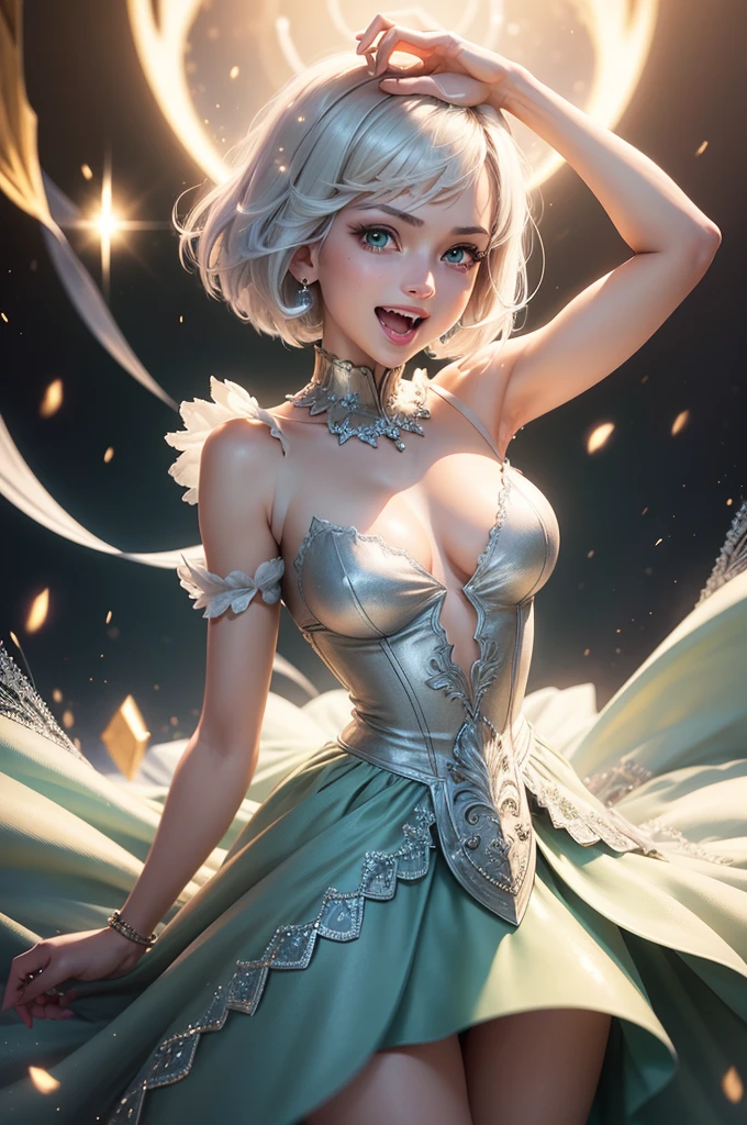 official art, best quality, ultra-detailed, high resolution, unity 8k wallpaper, extremely detailed CG, white skin, short hair, bob cut hair, silver hair, ahoge, shiny hair, shiny skin green eyes, beautiful eyes, medium breasts, ight particles, light sparkles, lens flare, Light particles, Magic light, strong light, gorgeous dress, Princess Dresses, loud laughter, A young lady mocks those of low status