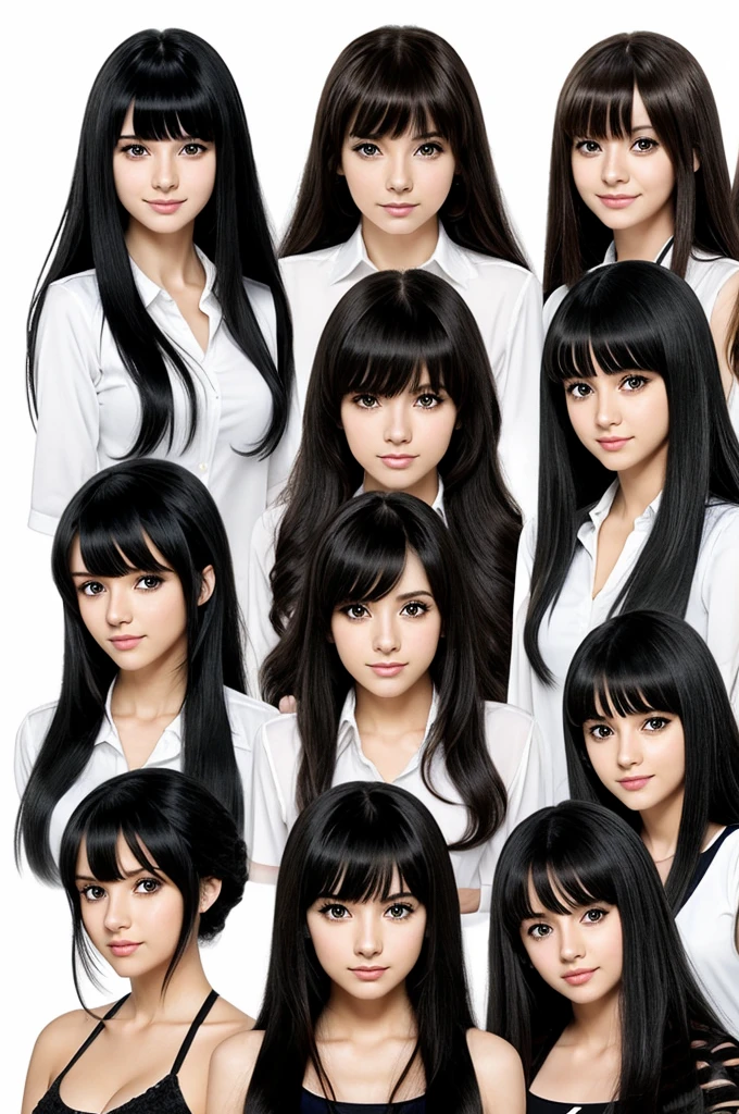 Draw an anime seven girls (two with bangs, one has curl hair, and the others has straight hair) all black hair