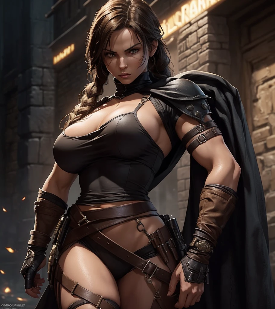 (((Solo character image.))) (((Generate a single character image.))) Generate a female character for a dark fantasy setting.  This character should be a redesign of Lara Croft for a dark fantasy setting.  She should have blonde hair.  She should be dressed in exciting medieval fantasy attire.  Excellent physique.  Intimidating.  Sleek.  Powerful.