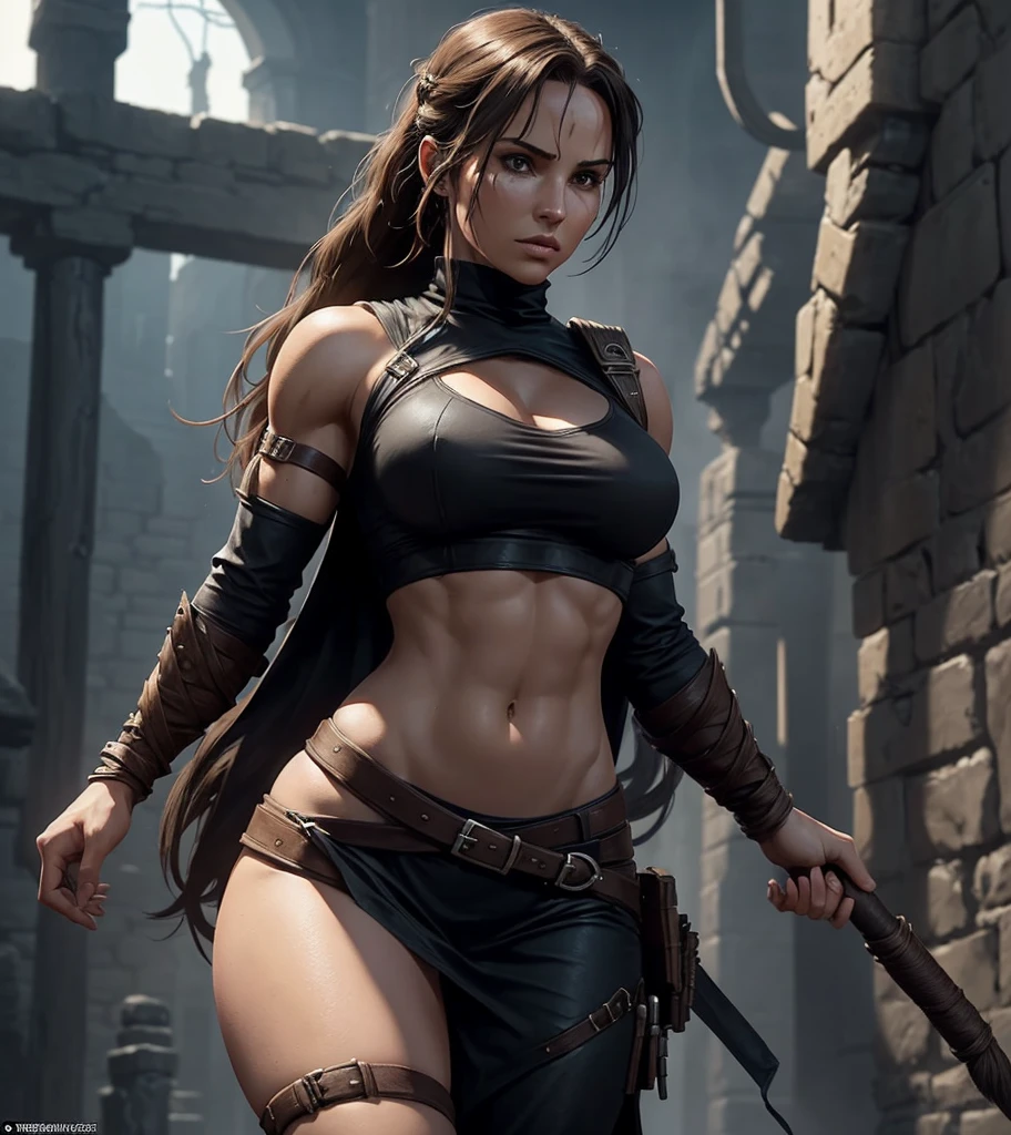 (((Solo character image.))) (((Generate a single character image.))) Generate a female character for a dark fantasy setting.  This character should be a redesign of Lara Croft for a dark fantasy setting.  She should have blonde hair.  She should be dressed in exciting medieval fantasy attire.  Excellent physique.  Intimidating.  Sleek.  Powerful.