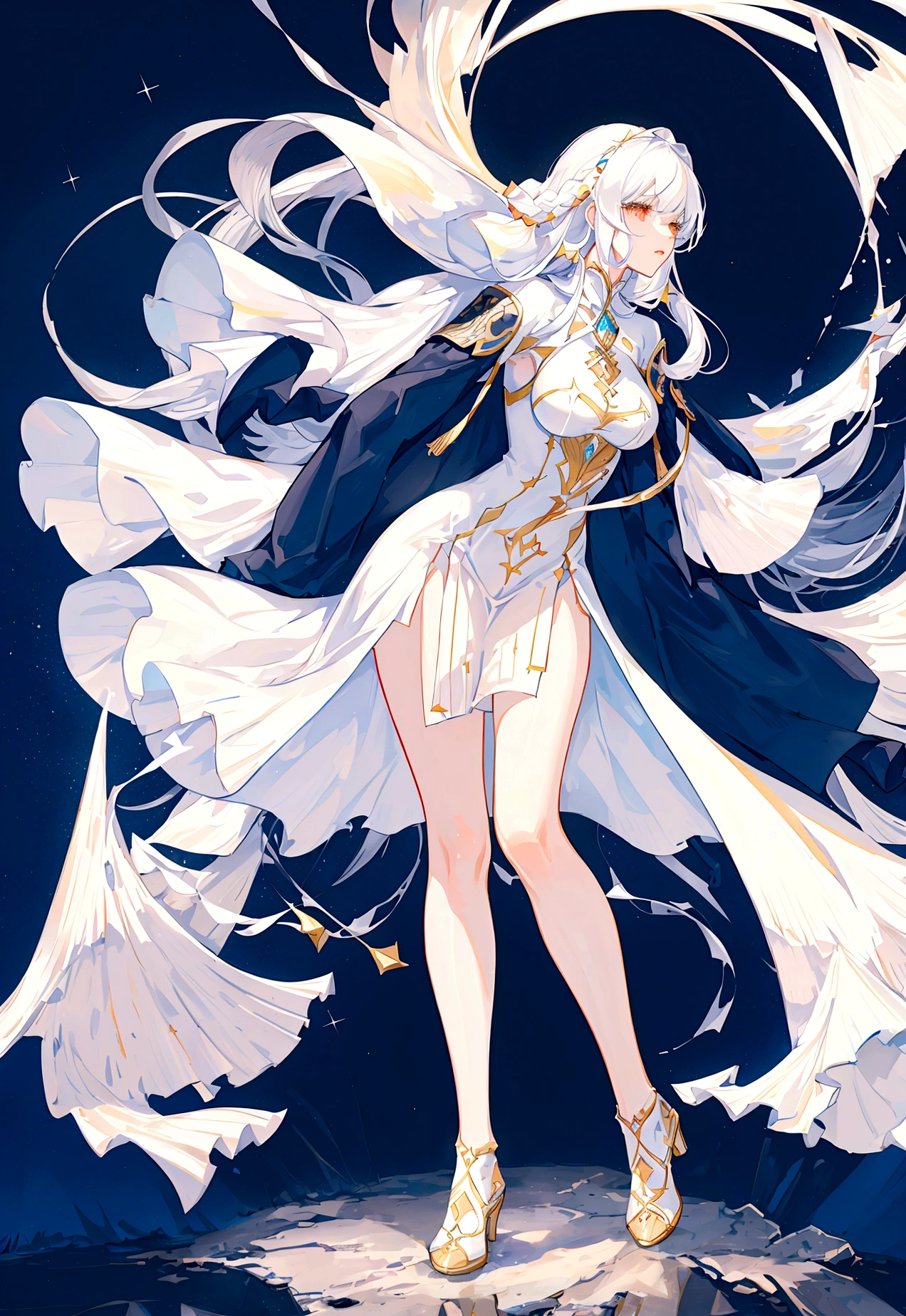 Character (adult woman) (white long hair) (white exotic dress-style clothing) (character in dynamic pose) (full body) (starry night sky background)