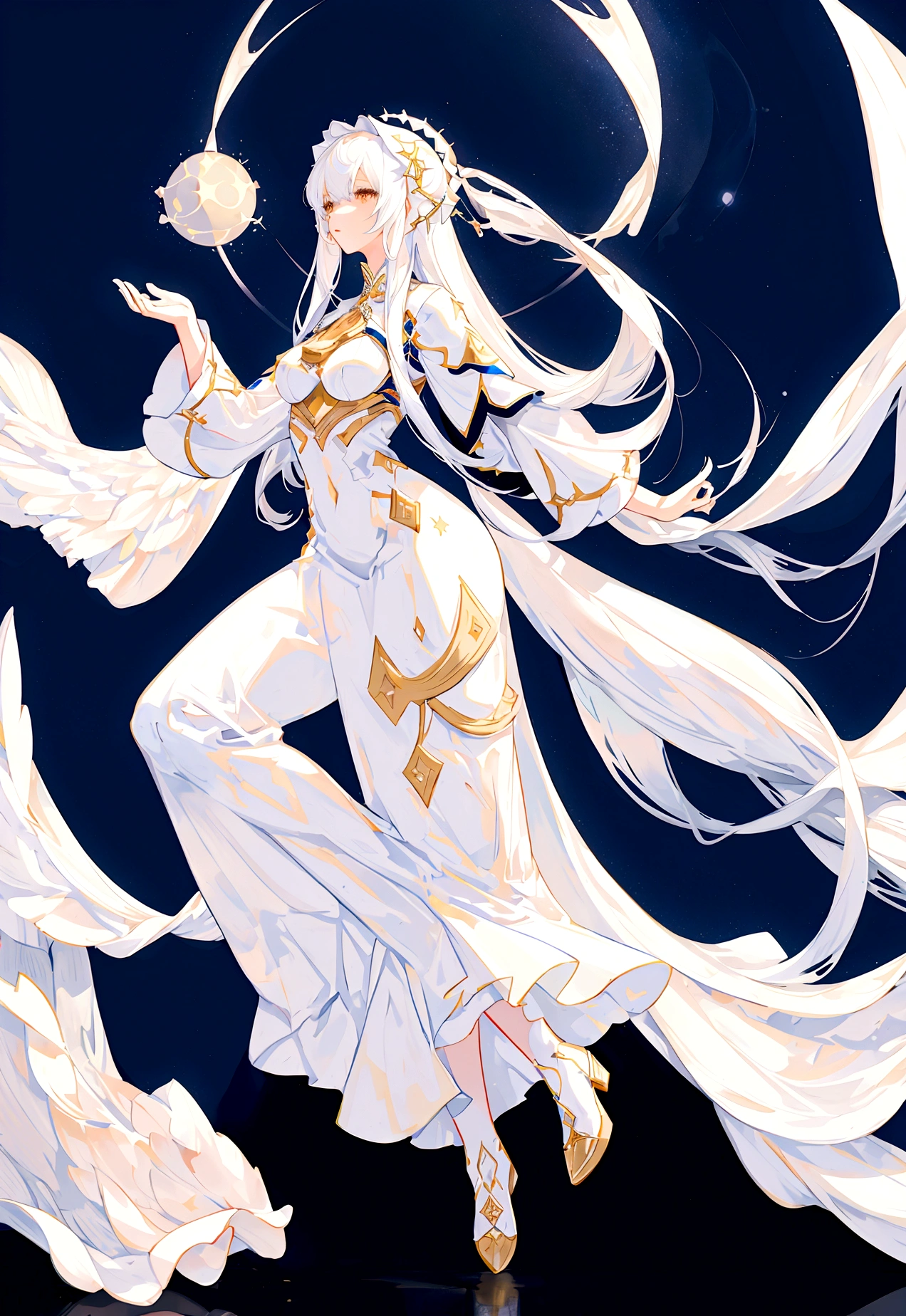 Character (adult woman) (white long hair) (white exotic dress-style clothing) (character in dynamic pose) (full body) (starry night sky background)