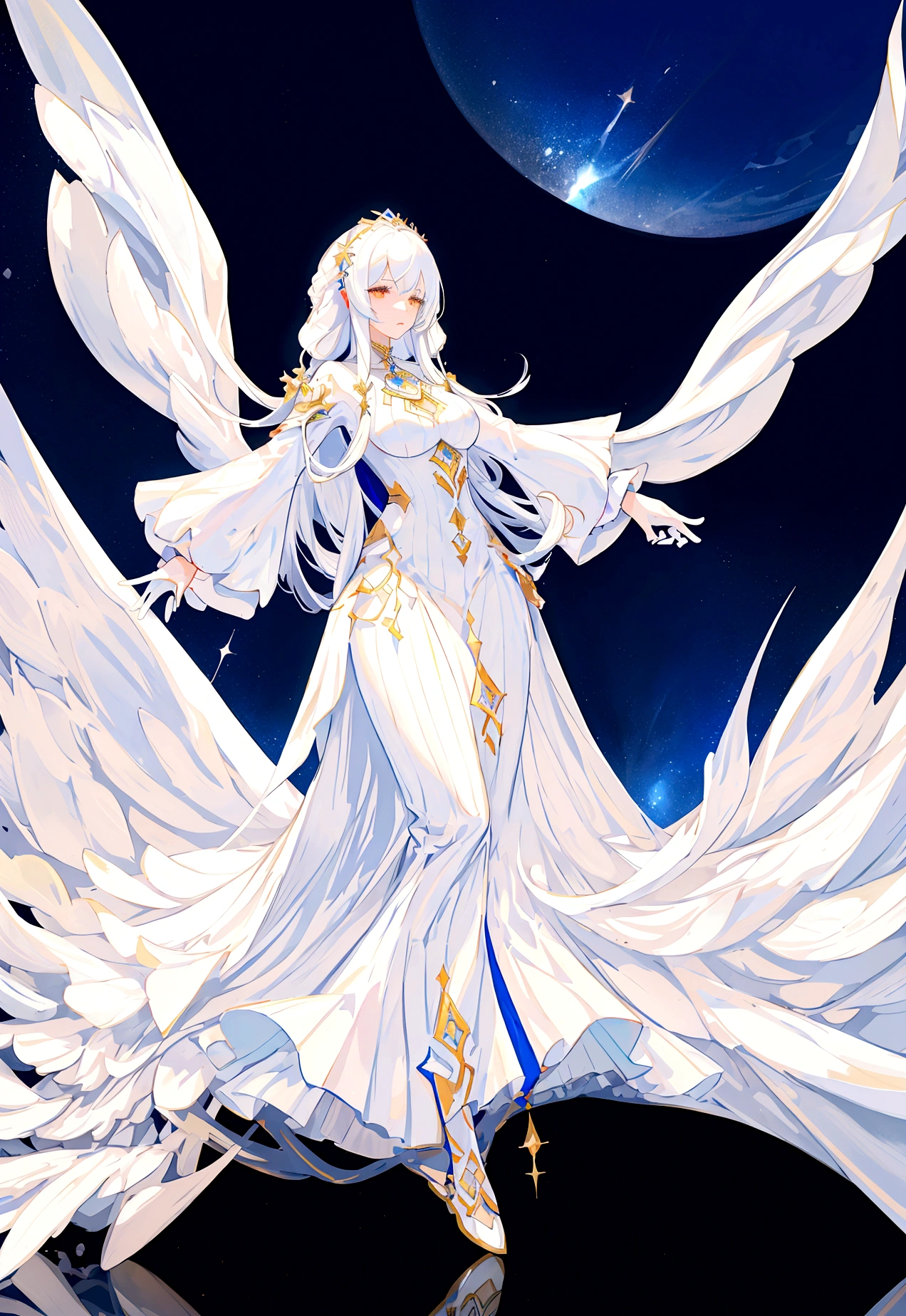 Character (adult woman) (white long hair) (white exotic dress-style clothing) (character in dynamic pose) (full body) (starry night sky background)