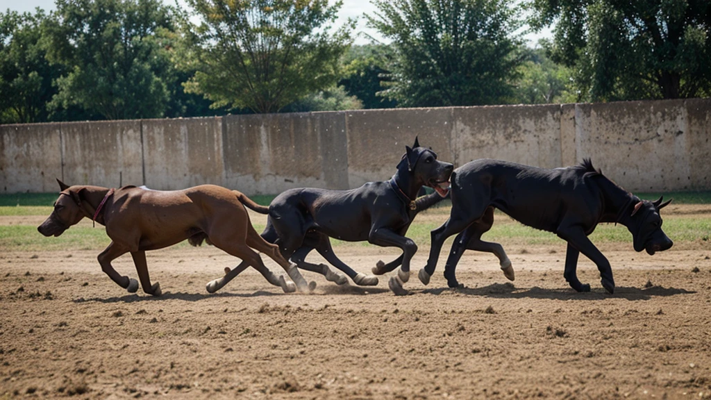 Great Danes playing in ground