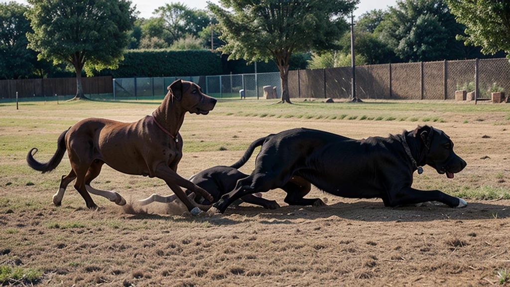 Great Danes playing in ground