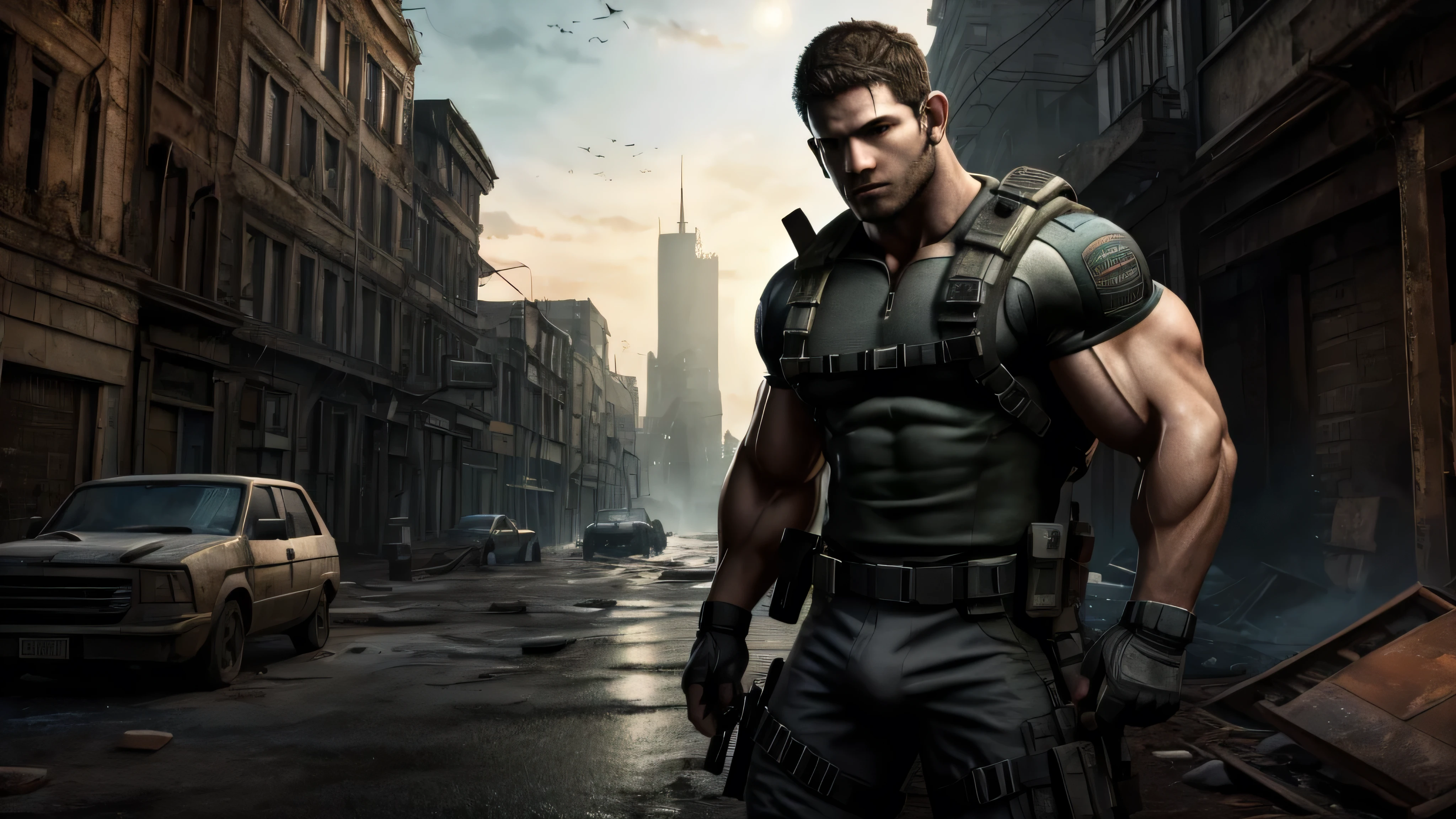 Chris Redfield resident evil, Muscular, nice abs and biceps, nice crotch bulge, UHD HDR, full body shot in ruined city background in Landscape mode,