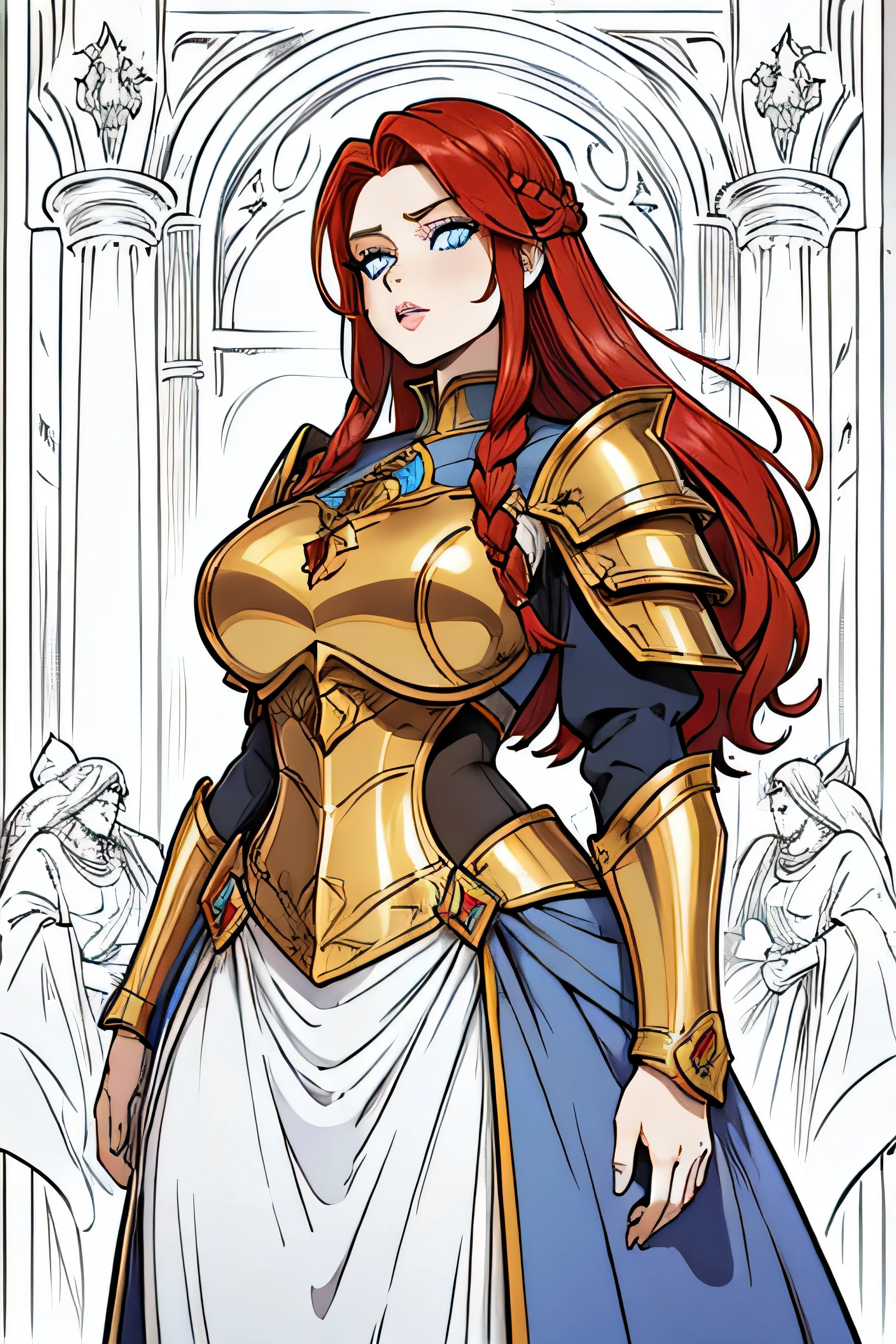 : woman in a gold plate armor, medieval fantasy character, colored lineart, red hair, long braided hair, bright blue eyes, full lips, full figured, best quality, hi-res, hi-resolution, large hips, large bust