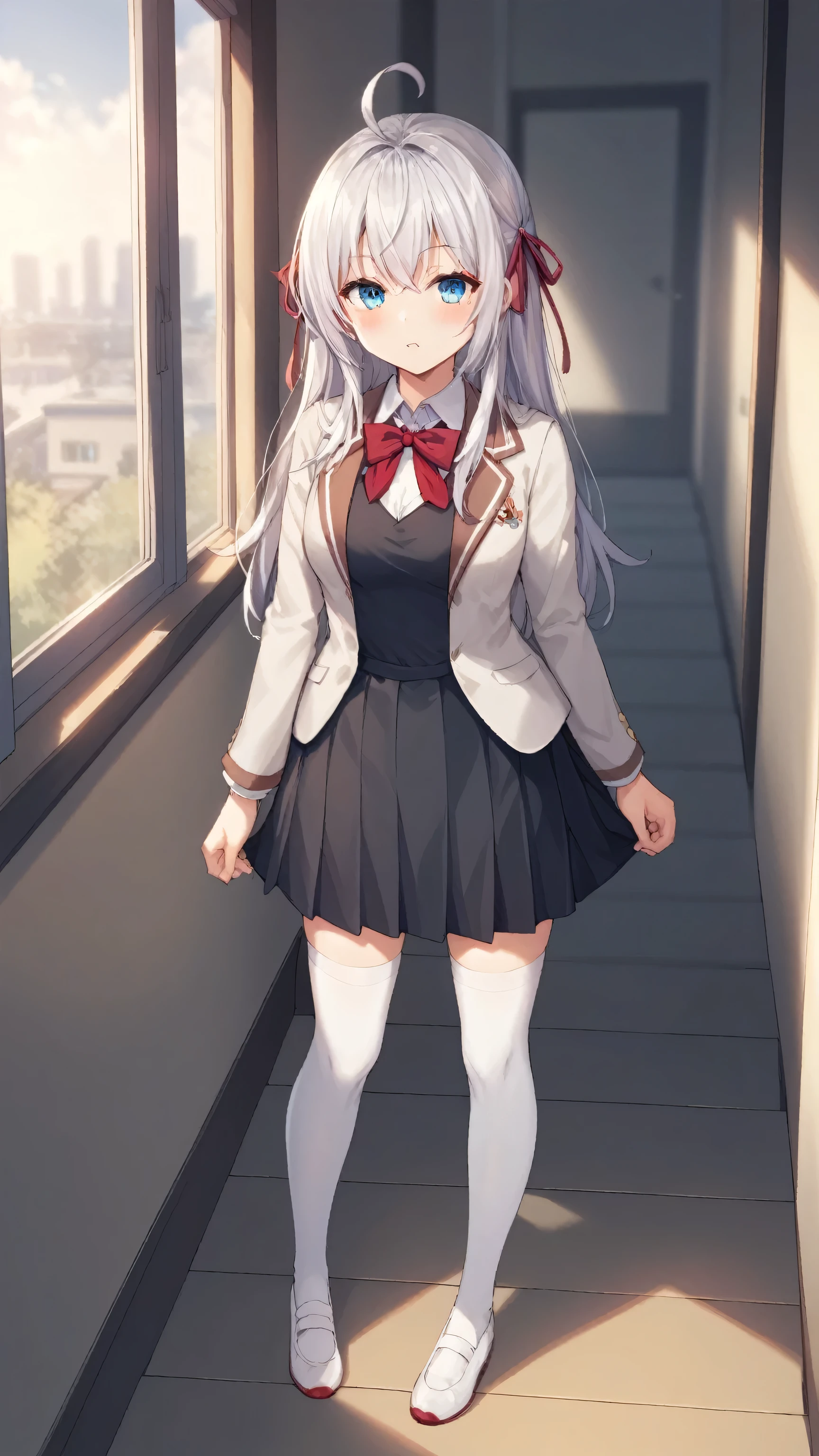 score_9, score_8_up, score_7_up, BREAK source_anime, alisa mikhailovna kujou, blue eyes, silver hair, long hair, red hair ribbon, white shirt, ahoge, white shoes, black vest, school black dress, white thighhighs, short beige blazer, red bowtie, standing,