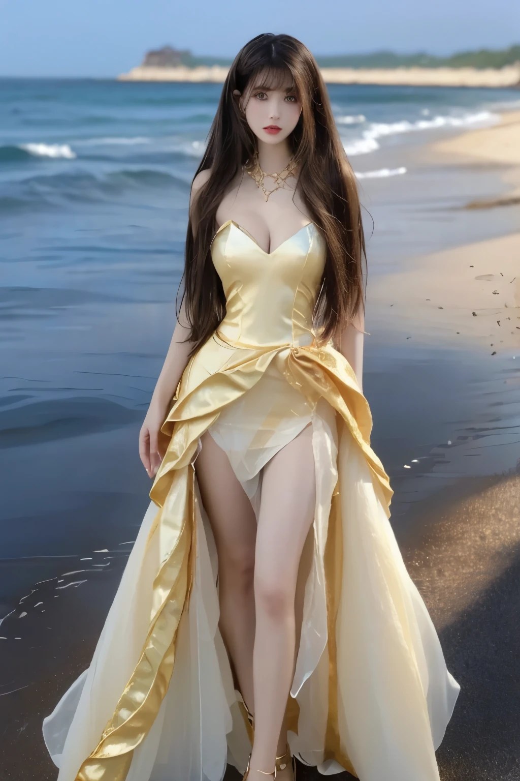 Beautiful woman with perfect body：1.4，Prominent cleavage，Layered Hairstyle，Highly detailed face and skin textures，Double eyelids，Skin Whitening，Long hair，Whitened long legs，（Gold evening dress，necklace），Standing by the sea，Half-length photo