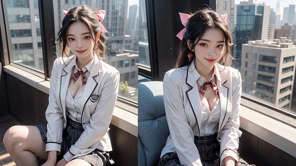 8K、RAW Photos、Highest quality、Super detailed、Super Resolution、Ultra HD、8K壁紙、Amazing details blazer uniform girl ((White blouse with formal collar, Pink Blazer, Black plaid skirt, Red checkered ribbon on blouse)), Complete limbs, Full Finger,
((((Skyscraper rooftop cafe))))、(((I can see a lot of high rise bulls.)))6 year old school girl))、(((Eat cake、Drink coffee、smile)))、Heart Necklace、Gold bracelet
((Emphasize cleavage))
((((Woman sitting at the window seat))))